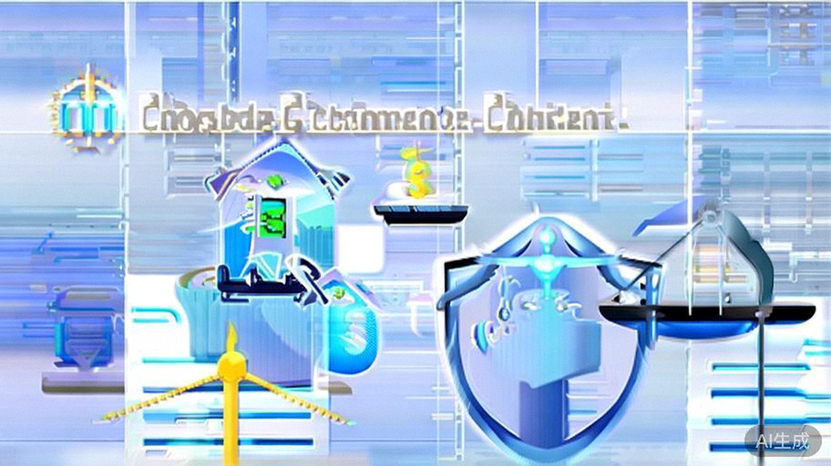 跨境电商合规要点概念图：包含地球仪、物流货运飞机、多种货币支付图标、税务文件与法律天平，背景是安全的盾牌符号