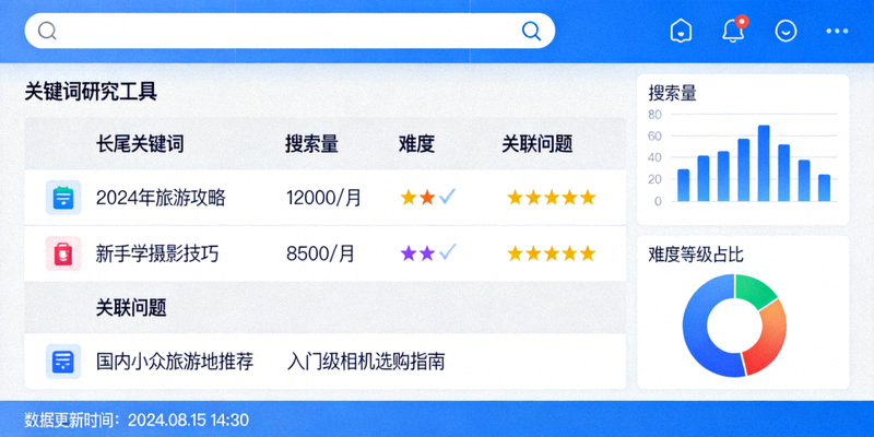 关键词研究工具界面截图：展示长尾关键词搜索量、难度及关联问题