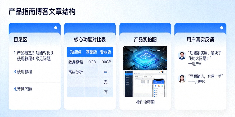 一篇优秀的产品指南博客文章结构示意图，包含目录、对比表格、高清图片和用户评论