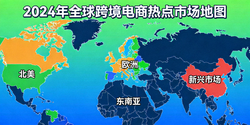 2024年全球跨境电商热点市场地图，标注北美、欧洲、东南亚及新兴市场区域