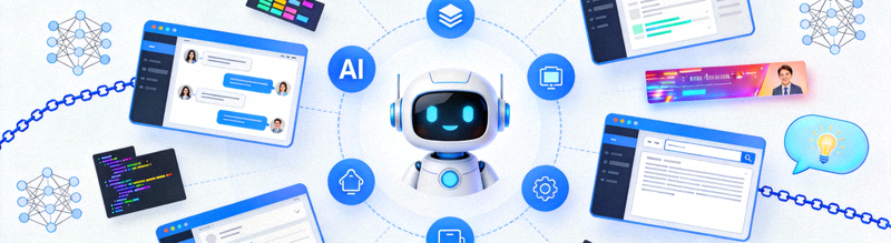 AI图标环绕客服聊天机器人、智能广告与内容生成界面