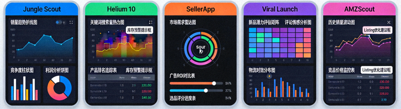 多种跨境电商选品工具仪表盘同屏对比分析界面截图