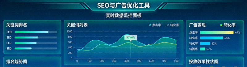SEO与广告优化工具界面，展示关键词排名与广告表现数据