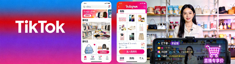 TikTok、Instagram购物功能界面与直播带货场景