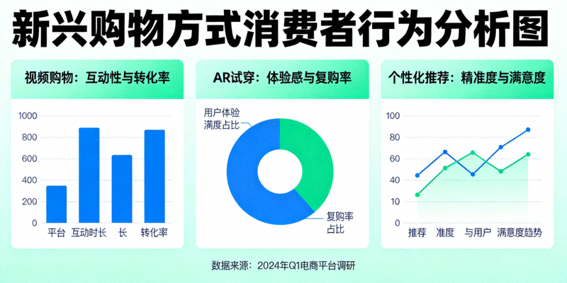 展示视频购物、AR试穿、个性化推荐等新兴购物方式的消费者行为分析图