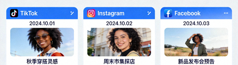 Buffer社交媒体内容日历界面，显示已排期的TikTok、Instagram和Facebook帖子预览