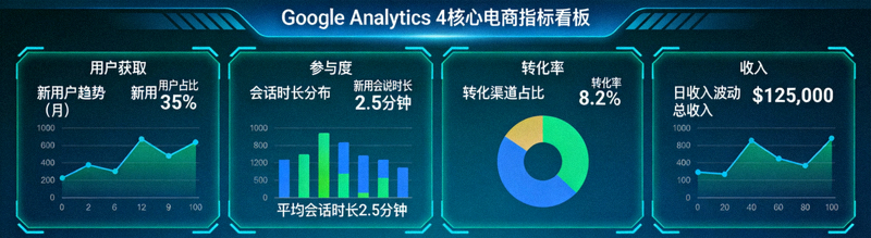 Google Analytics 4分析看板，展示用户获取、参与度、转化率和收入等核心电商指标
