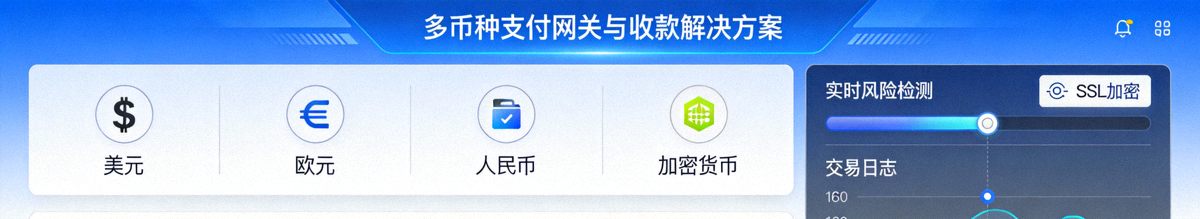多币种支付网关与收款解决方案界面，展示支持的支付方式与交易安全监控