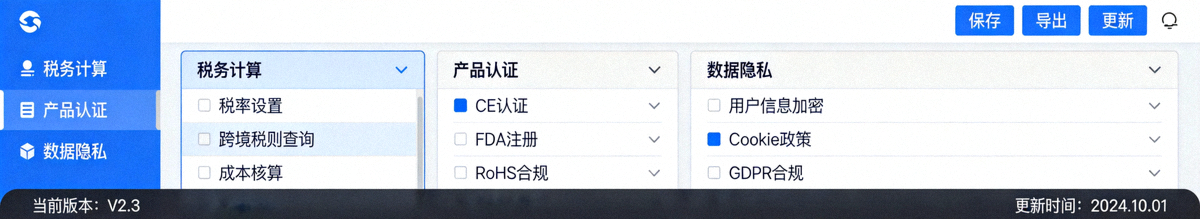 跨境电商合规与风险管理工具界面，展示税务计算、产品认证与数据隐私检查清单