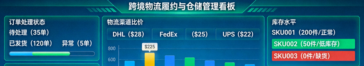 跨境物流履约与仓储管理平台看板，展示订单处理状态、物流渠道比价与库存水平