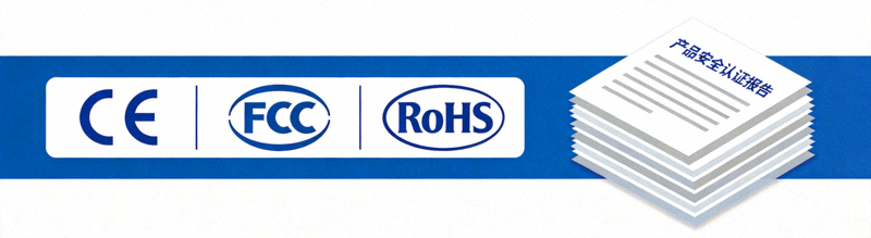 欧美CE、FCC、RoHS等产品安全认证标志与合规文件示意图