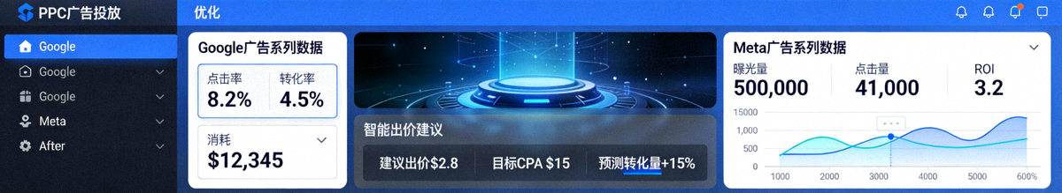 PPC广告投放与优化平台界面，展示Google与Meta广告系列数据与智能出价建议