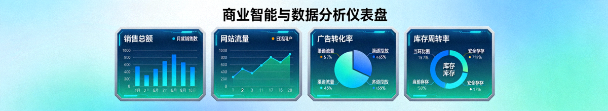 商业智能与数据分析仪表盘，可视化展示销售、流量、广告与库存等关键业务指标