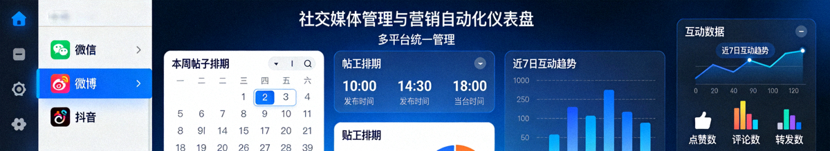 社交媒体管理与营销自动化工具仪表盘，统一管理多个平台帖子排期与互动数据