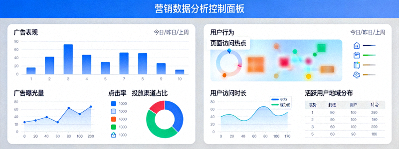 营销推广与数据分析工具控制面板，显示广告表现与用户行为数据