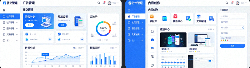 社交媒体广告管理平台与内容创作工具界面同屏展示